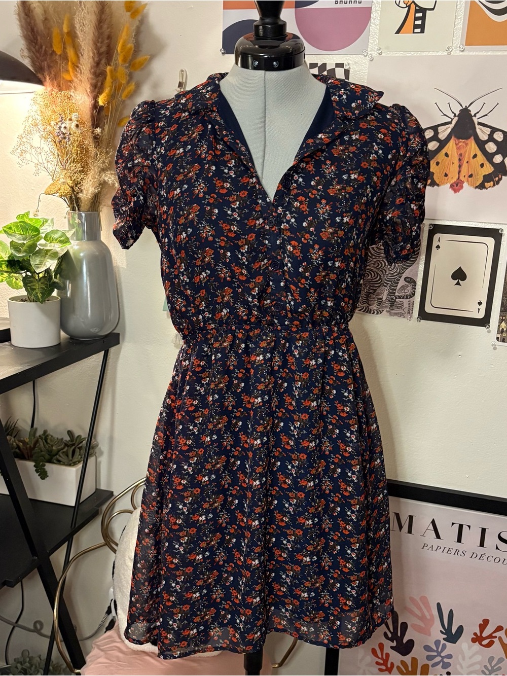 Navy Ditsy Floral Collared Mini Dress Size S/P